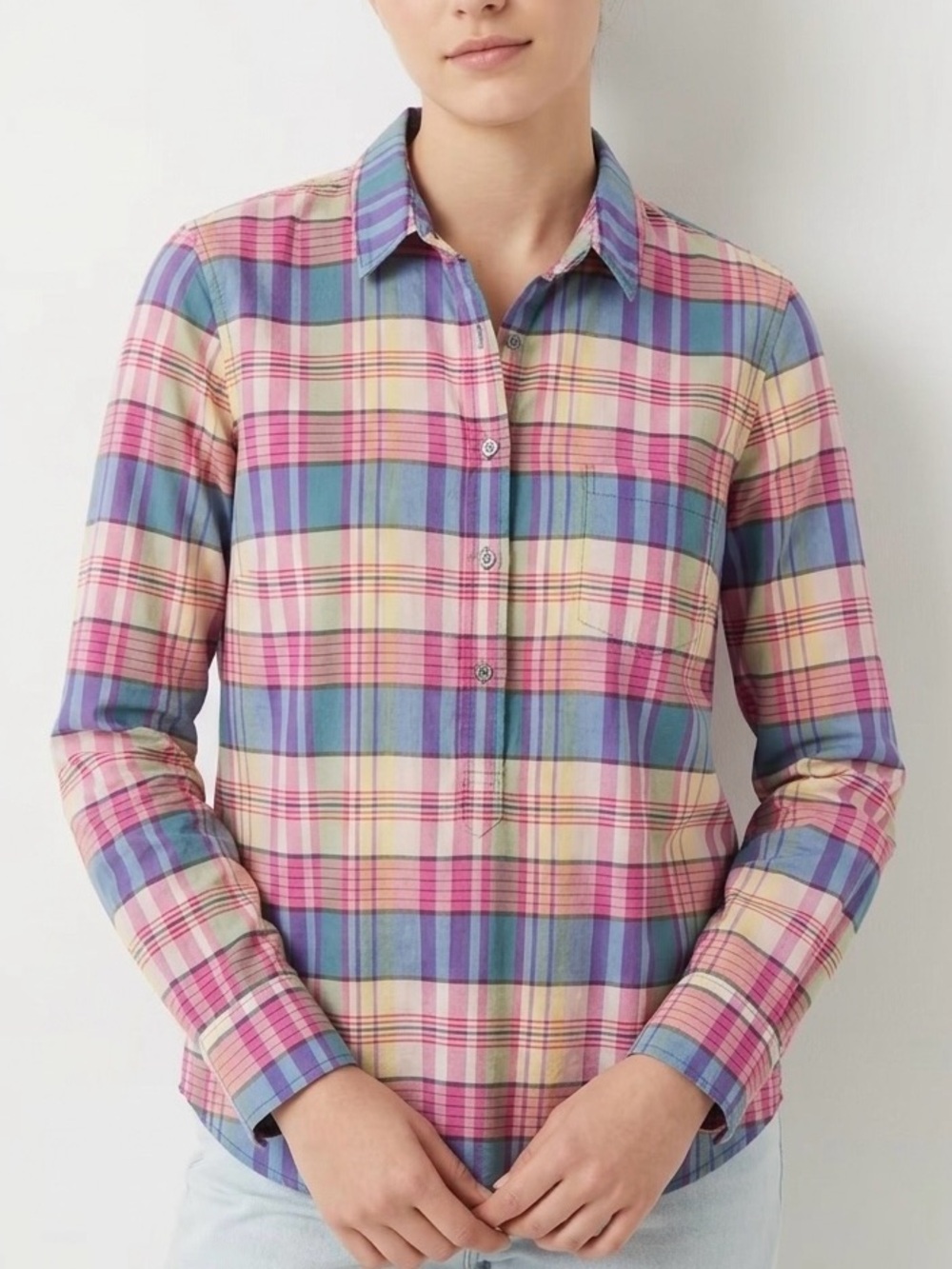 J. Crew Plaid Classic Popover Cotton Silk Shirt L Preppy Modern Prep Boho